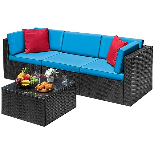 6 Piece Rattan Wicker Patio Sofa Set with Glass Table and Cushion U6066