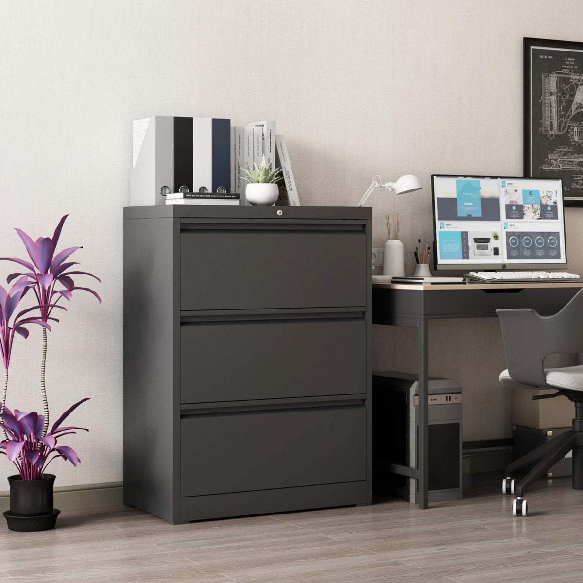 Black 3 Drawer Metal Lateral Filing Cabinet U2107