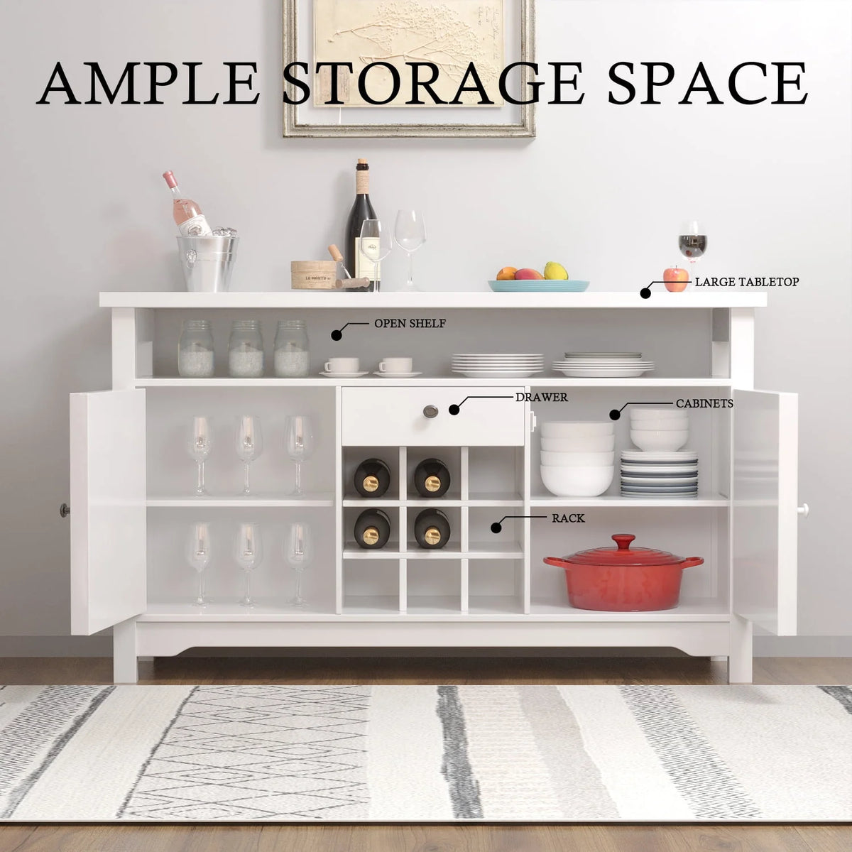 White 47 Kitchen Buffet Storage Cabinet with Barn Door Y619