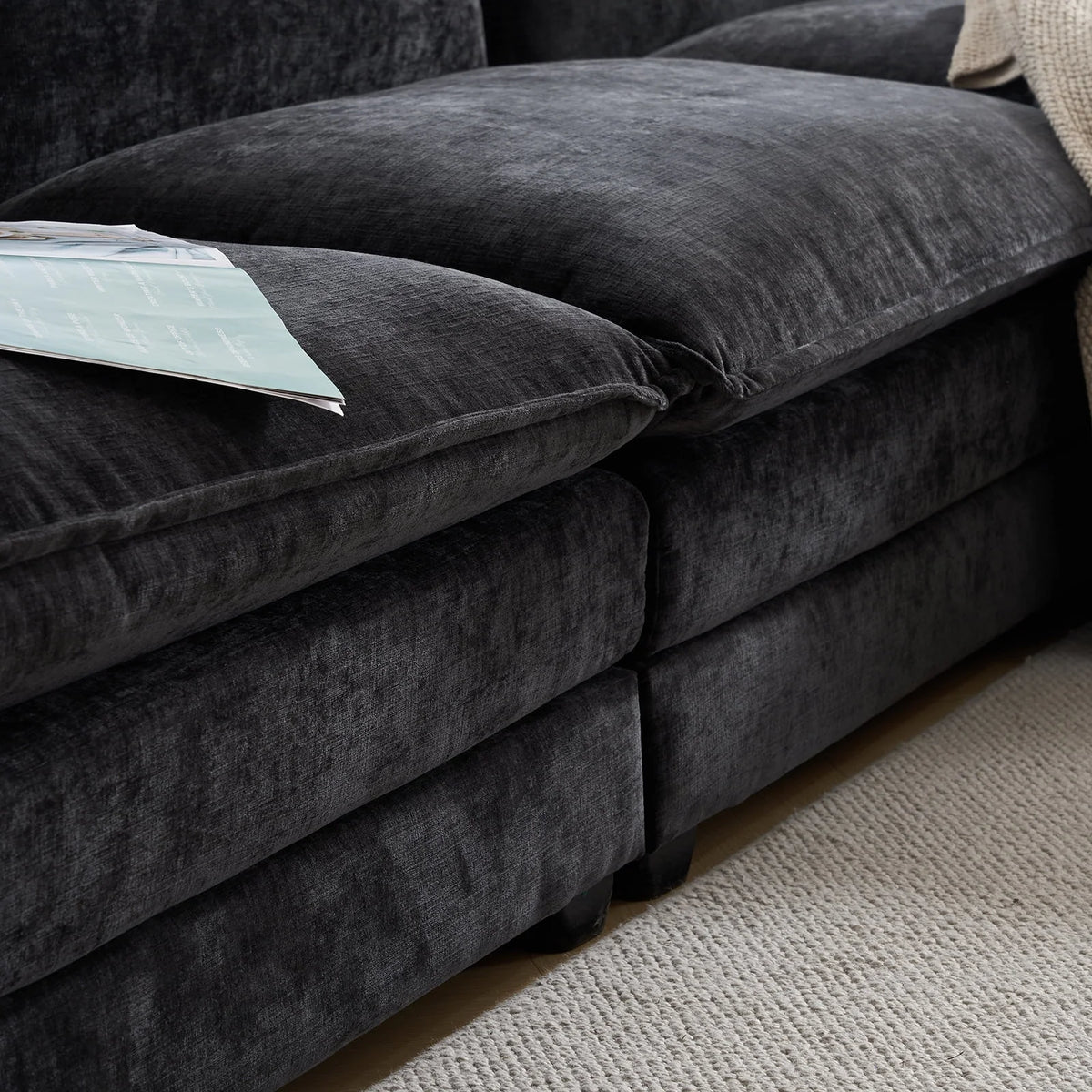 Gray-Blue Chenille L Shaped Sectional Sofa with Ottoman W46496