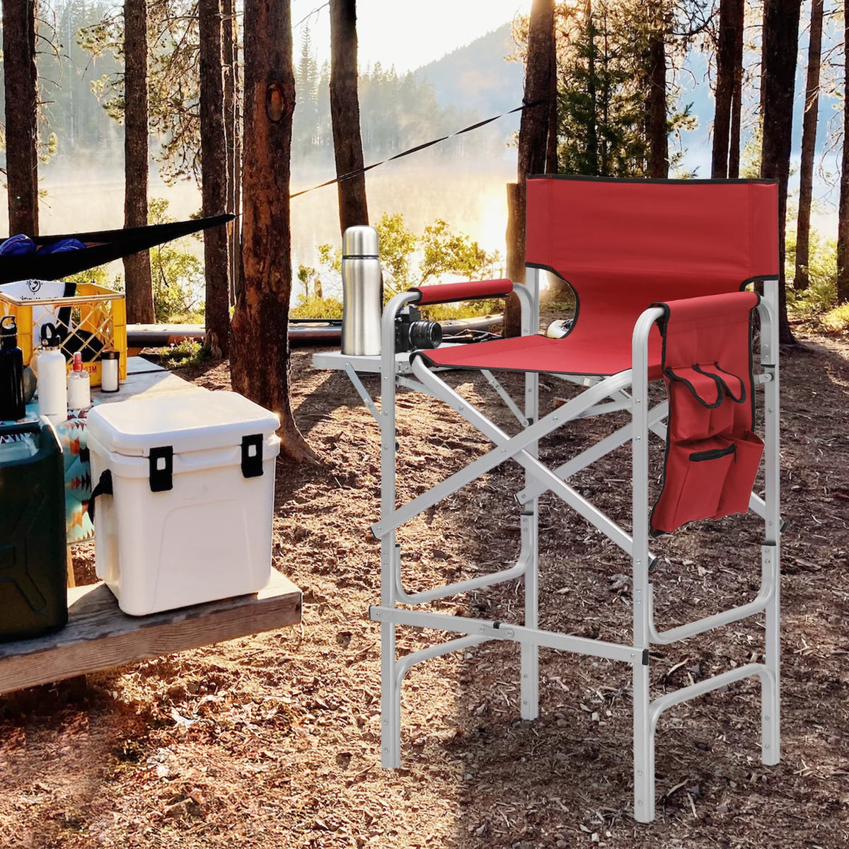 Foldable Camping Director Chair with Side Table & Storage Pocket, Red X121423