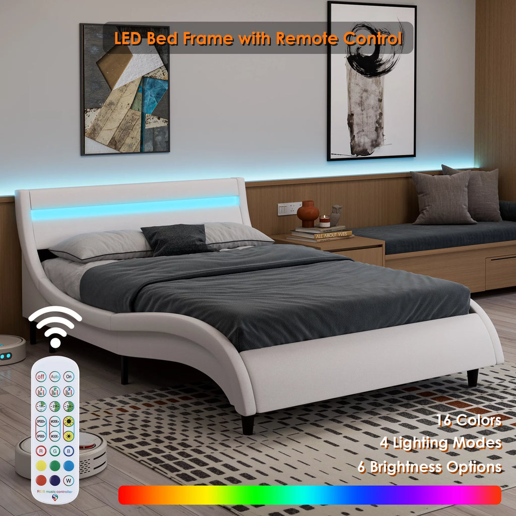 White Full Size Wooden Platform Bed Frame with Adjustable Upholstered Headboard X394