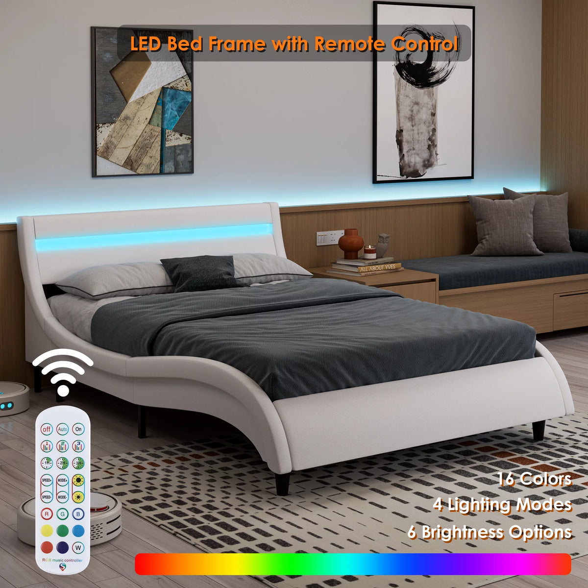 White Full Size Wooden Platform Bed Frame with Adjustable Upholstered Headboard X394