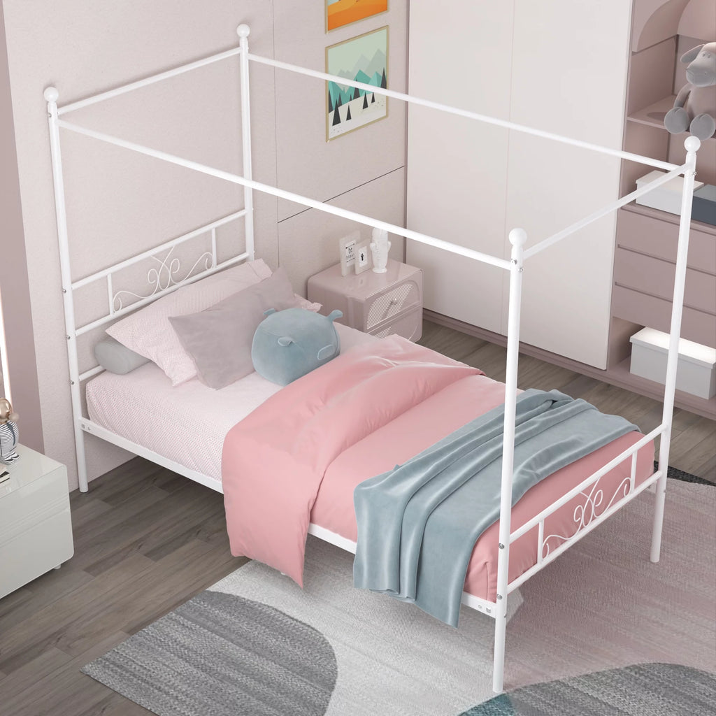Twin Size 4-Post Canopy Bed Frame Metal Platform with Headboard Footboard Black M66327