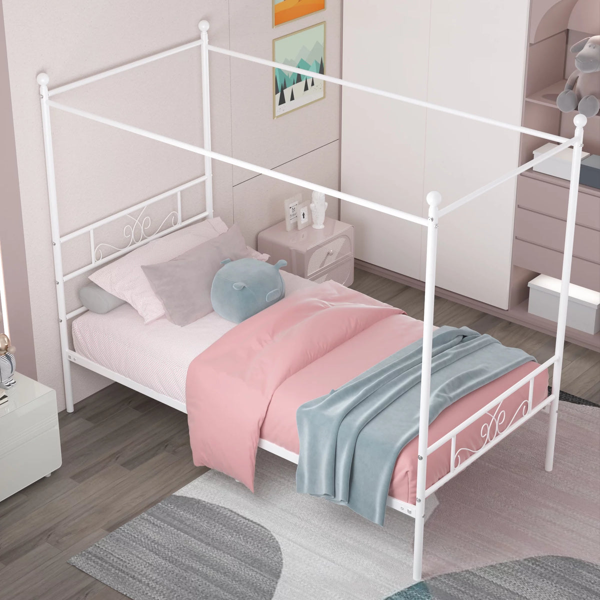 Twin Size 4-Post Canopy Bed Frame Metal Platform with Headboard Footboard Black M66327