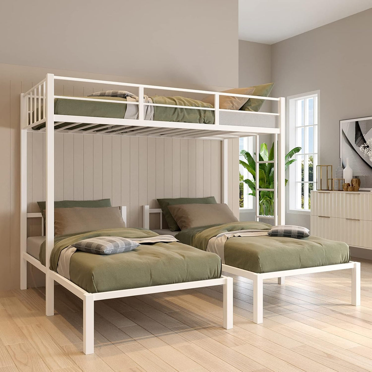 Black Metal Triple Bunk Bed with Guardrail and Ladder E4465
