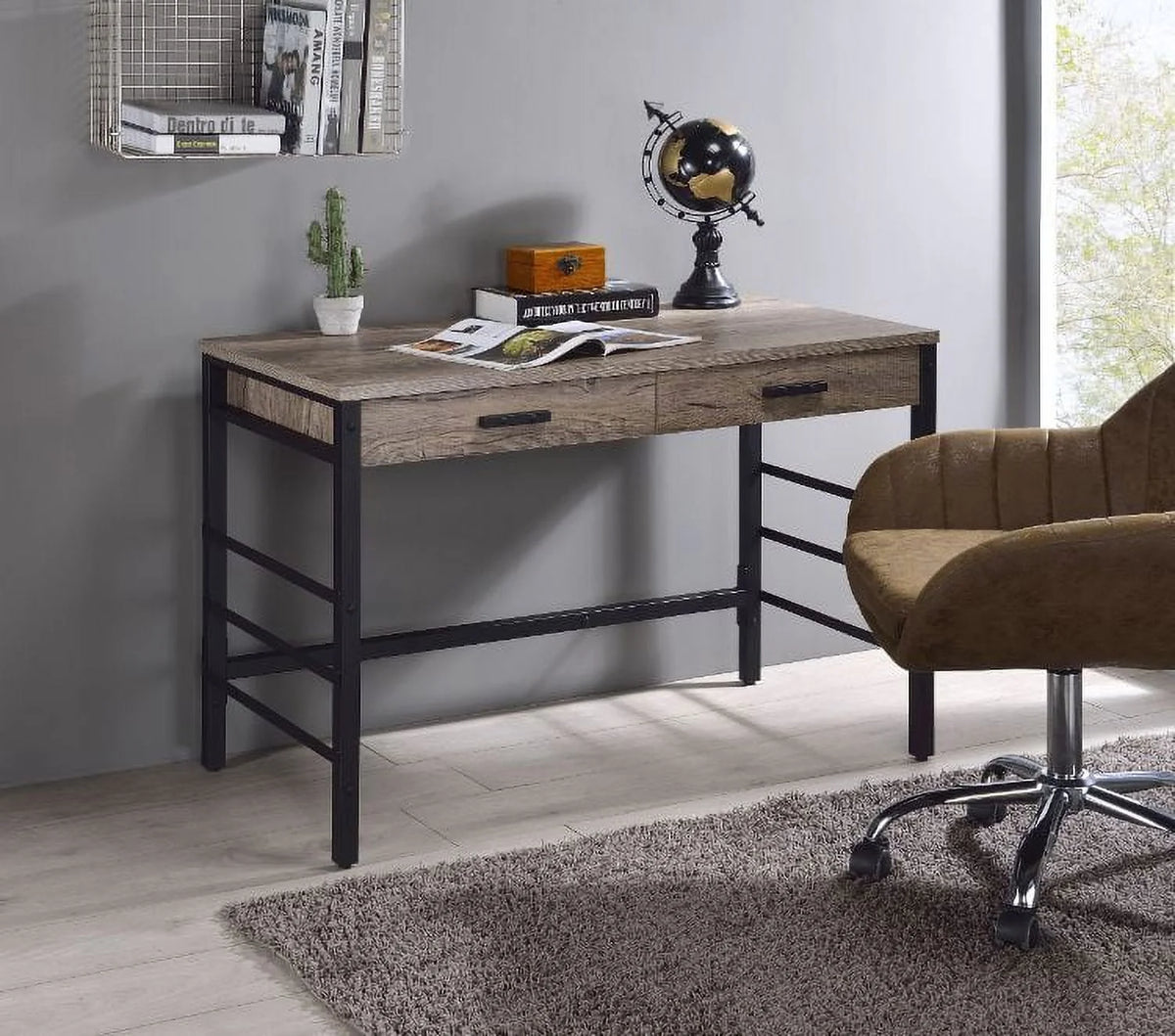 Light Weathered Oak Black Writing Desk B976