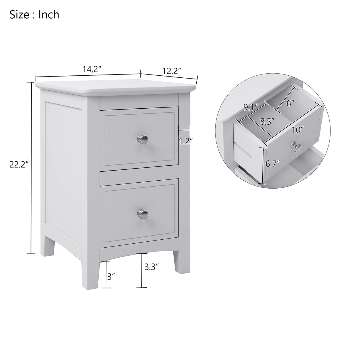 White 2 Drawers Solid Wood Nightstand End Table M637