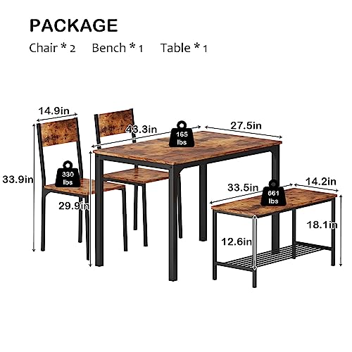 Rustic Oak 4 Piece Dining Table Set with Chairs and Bench Y36574