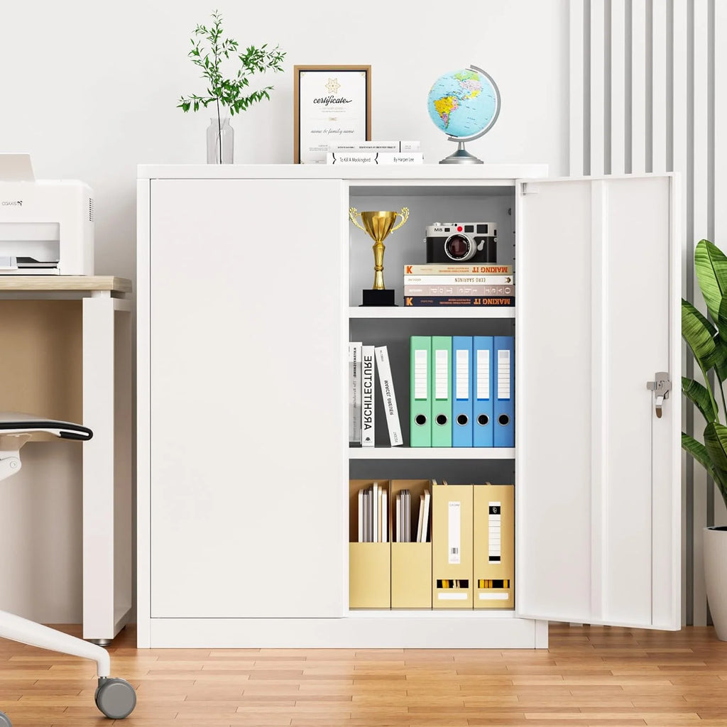 42 In White Metal Storage Cabinet with Locking Doors and 2 Adjustable Shelves C889226