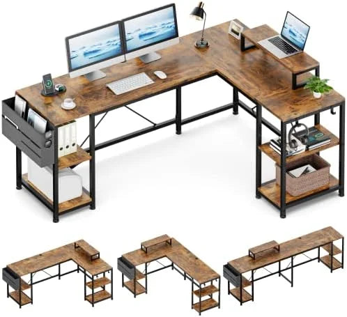 L Shaped Desk with Shelves Monitor Stand Bag Hooks Black B682489