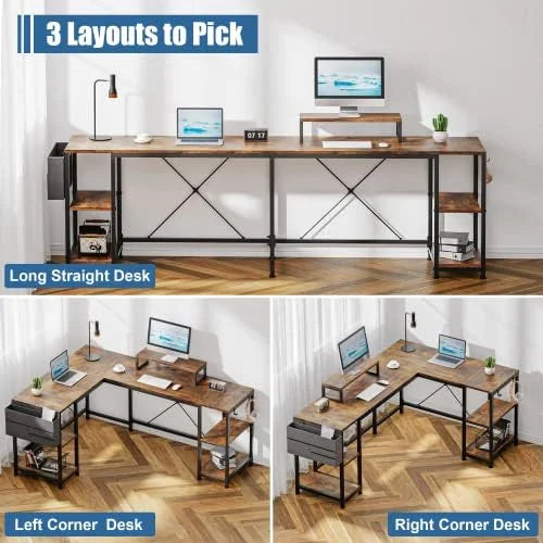 L Shaped Desk with Shelves Monitor Stand Bag Hooks Black B682489