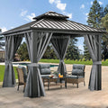 10x10ft Double Roofed Hardtop Metal Gazebo with Nettings and Curtains U2807