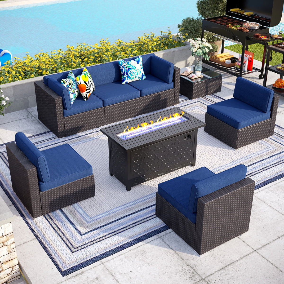 8 PCS Outdoor Patio Furniture Set with Fire Pit Table Y7701