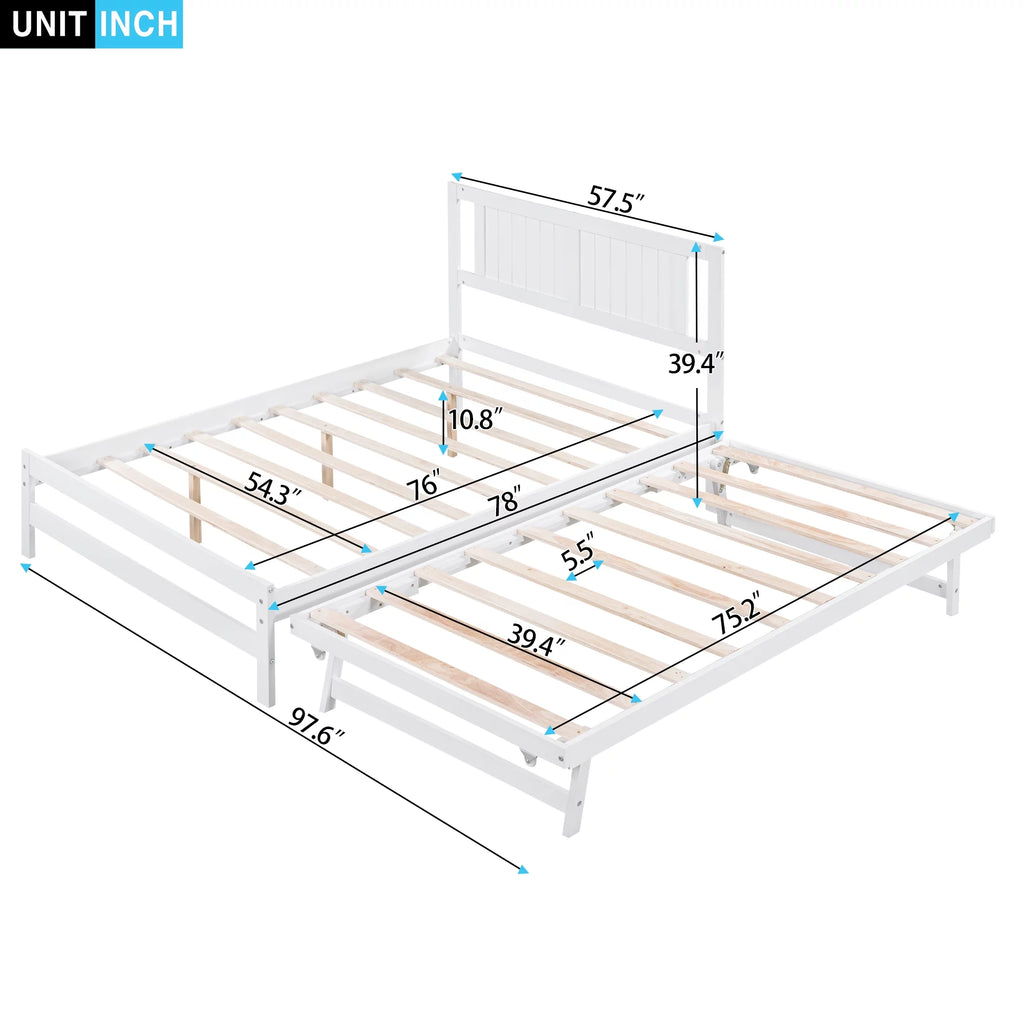 White Full Size Wood Platform Bed with Adjustable Trundle and Headboard Y88455