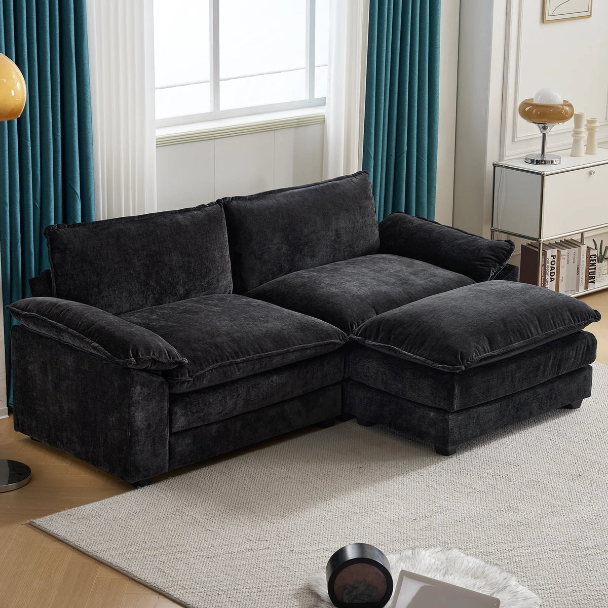 Gray-Blue Chenille L Shaped Sectional Sofa with Ottoman W46496