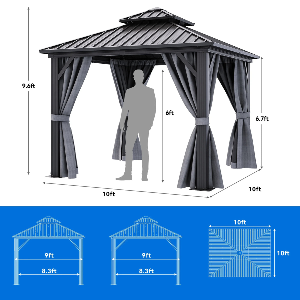 10x10ft Double Roofed Hardtop Metal Gazebo with Nettings and Curtains U2807