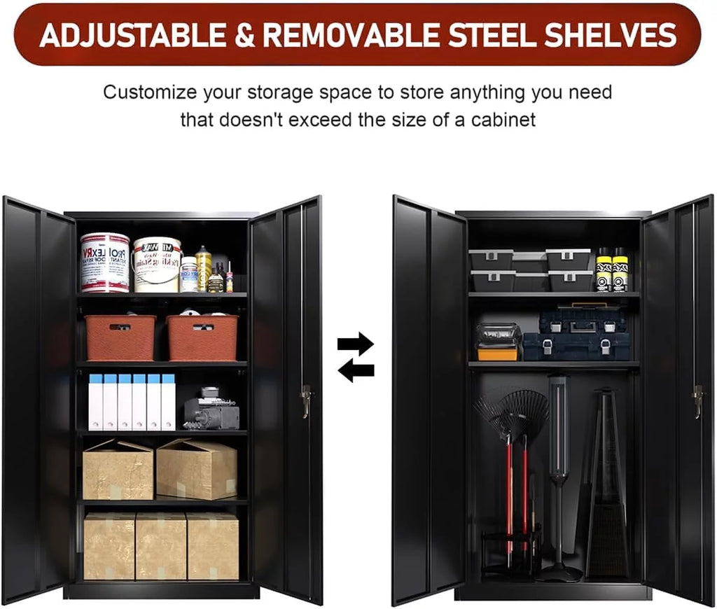 71 In Black Metal Storage Cabinet with Locking Doors and Adjustable Shelves U47255
