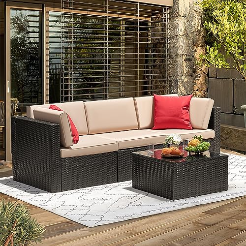 6 Piece Rattan Wicker Patio Sofa Set with Glass Table and Cushion U6066