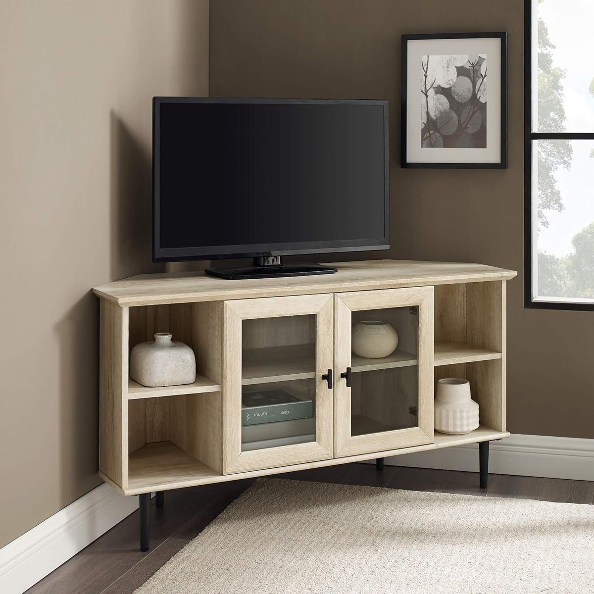 Dark Walnut 48 Inch Wood Corner TV Stand with Glass Cabinet Doors H9237