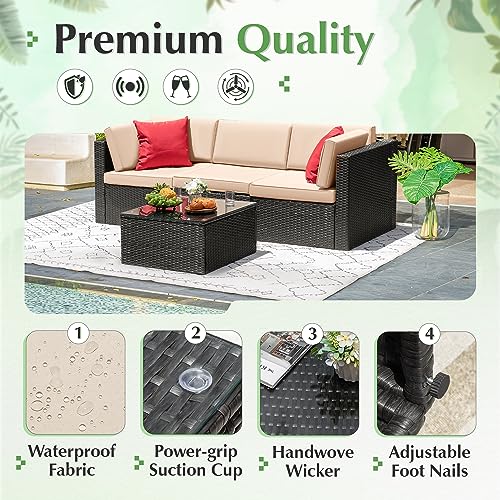 6 Piece Rattan Wicker Patio Sofa Set with Glass Table and Cushion U6066