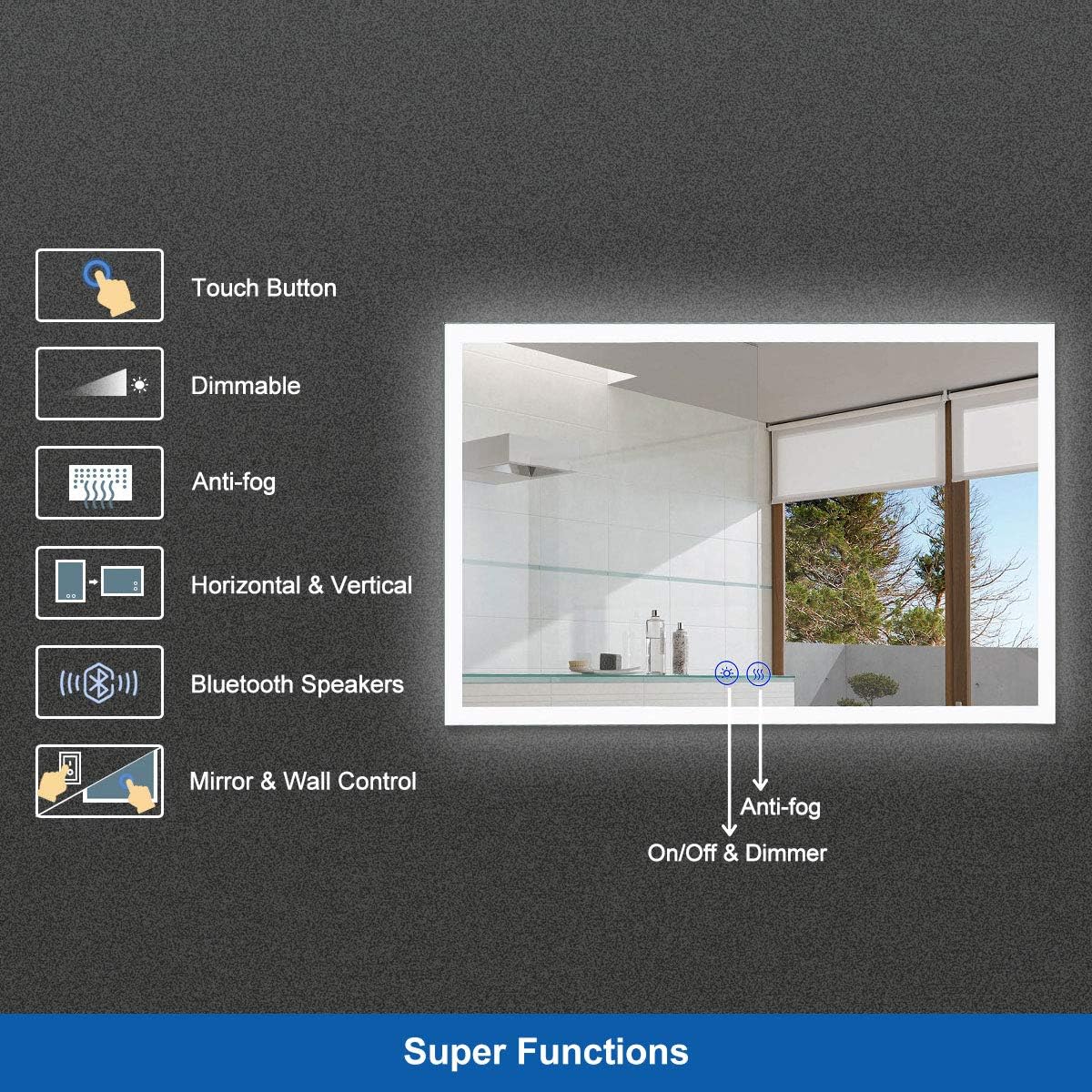 55 x 36 in Dimmable LED Bathroom Mirror with Bluetooth T8570