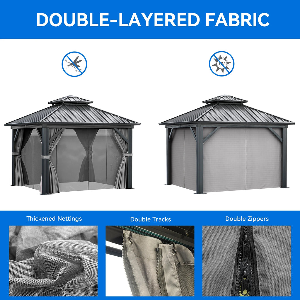 10x10ft Double Roofed Hardtop Metal Gazebo with Nettings and Curtains U2807