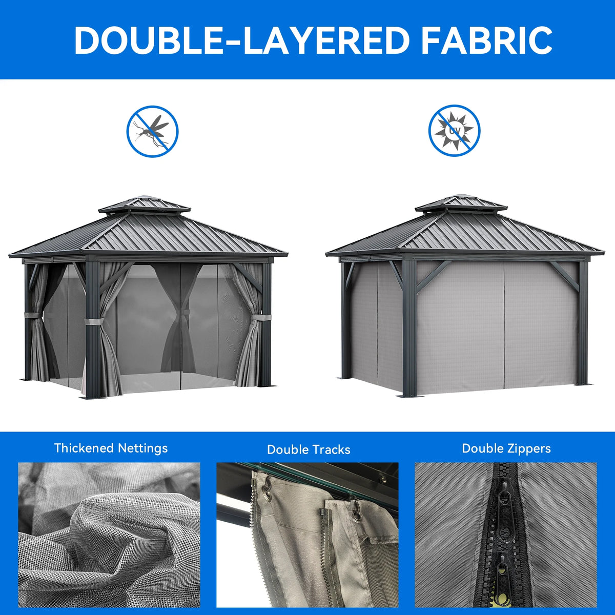 10x10ft Double Roofed Hardtop Metal Gazebo with Nettings and Curtains U2807