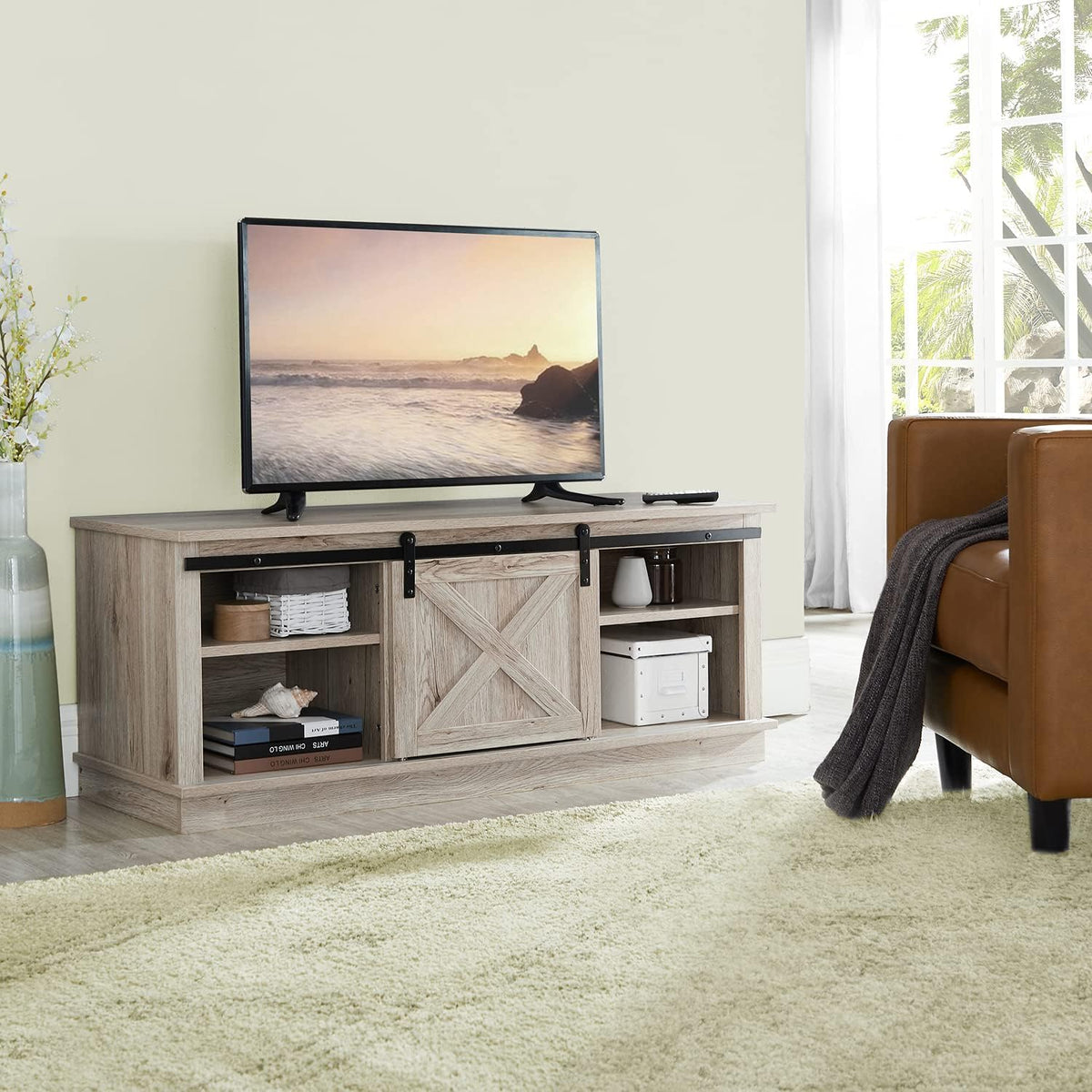 Grey Sliding Barn Door TV Stand with Storage Cabinet D576722