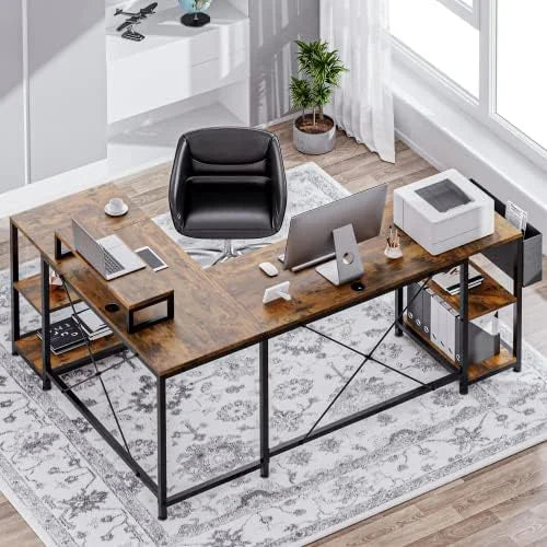 L Shaped Desk with Shelves Monitor Stand Bag Hooks Black B682489