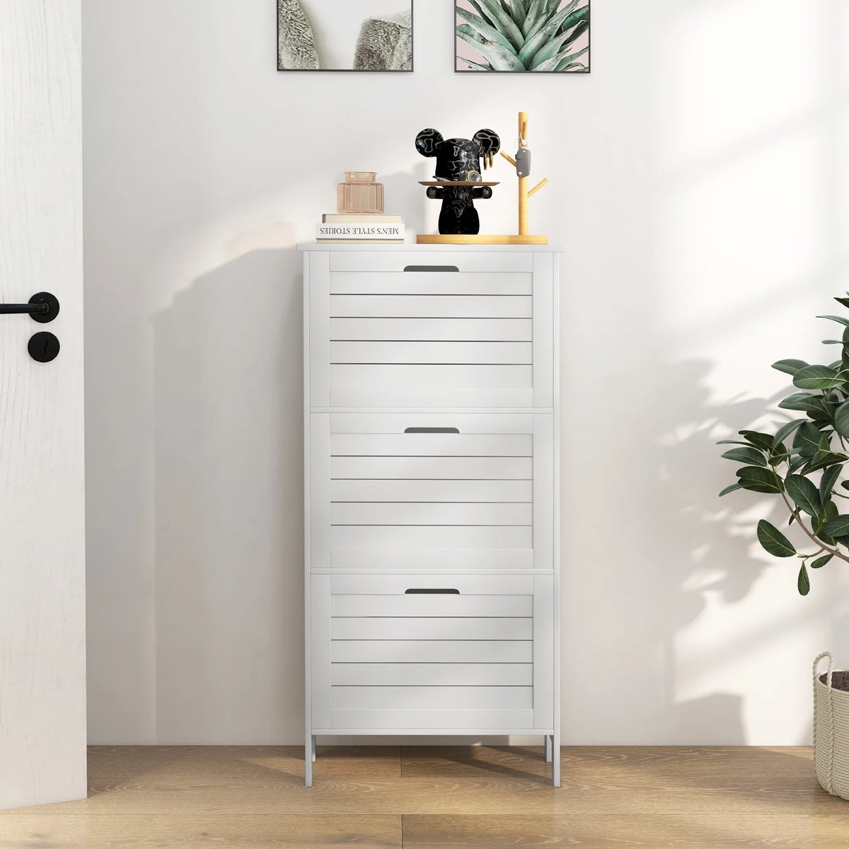 Narrow White Shoe Storage Cabinet with 3 Flip Drawers P223