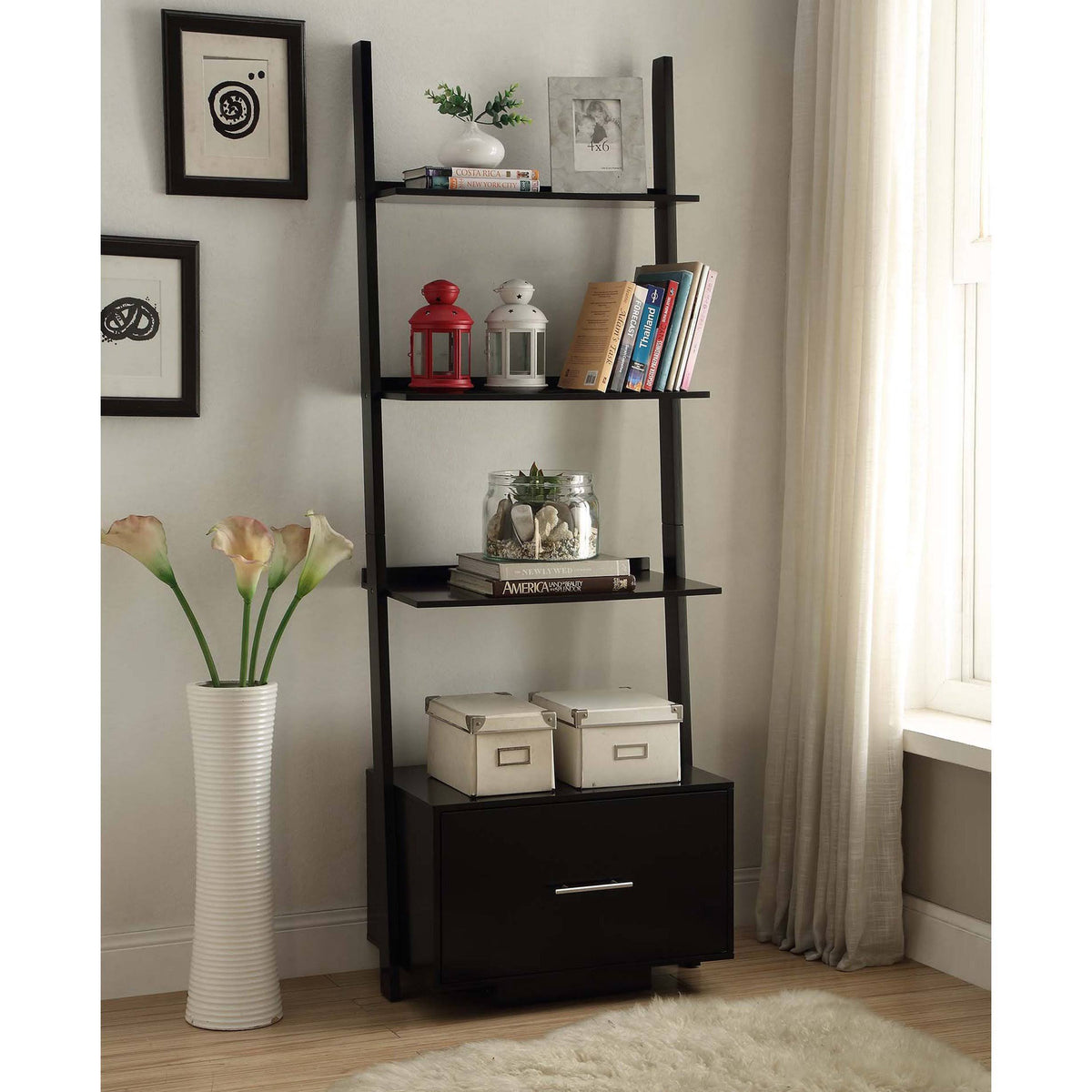 Espresso Ladder Bookcase with File Drawer W12138