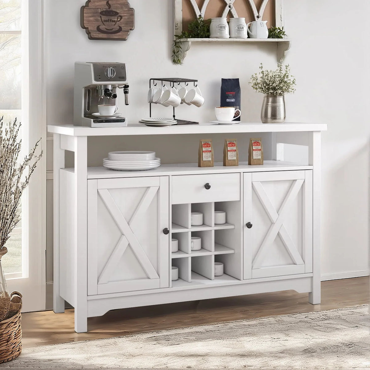 White 47 Kitchen Buffet Storage Cabinet with Barn Door Y619