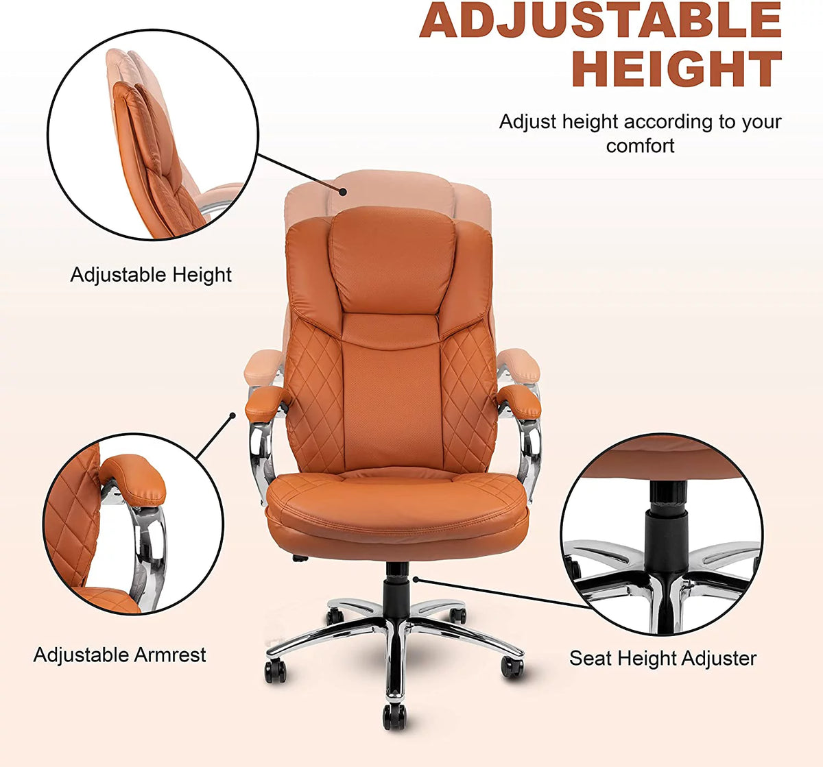 Camel Brown Big and Tall Executive Office Chair 400lbs Capacity PU Leather B796