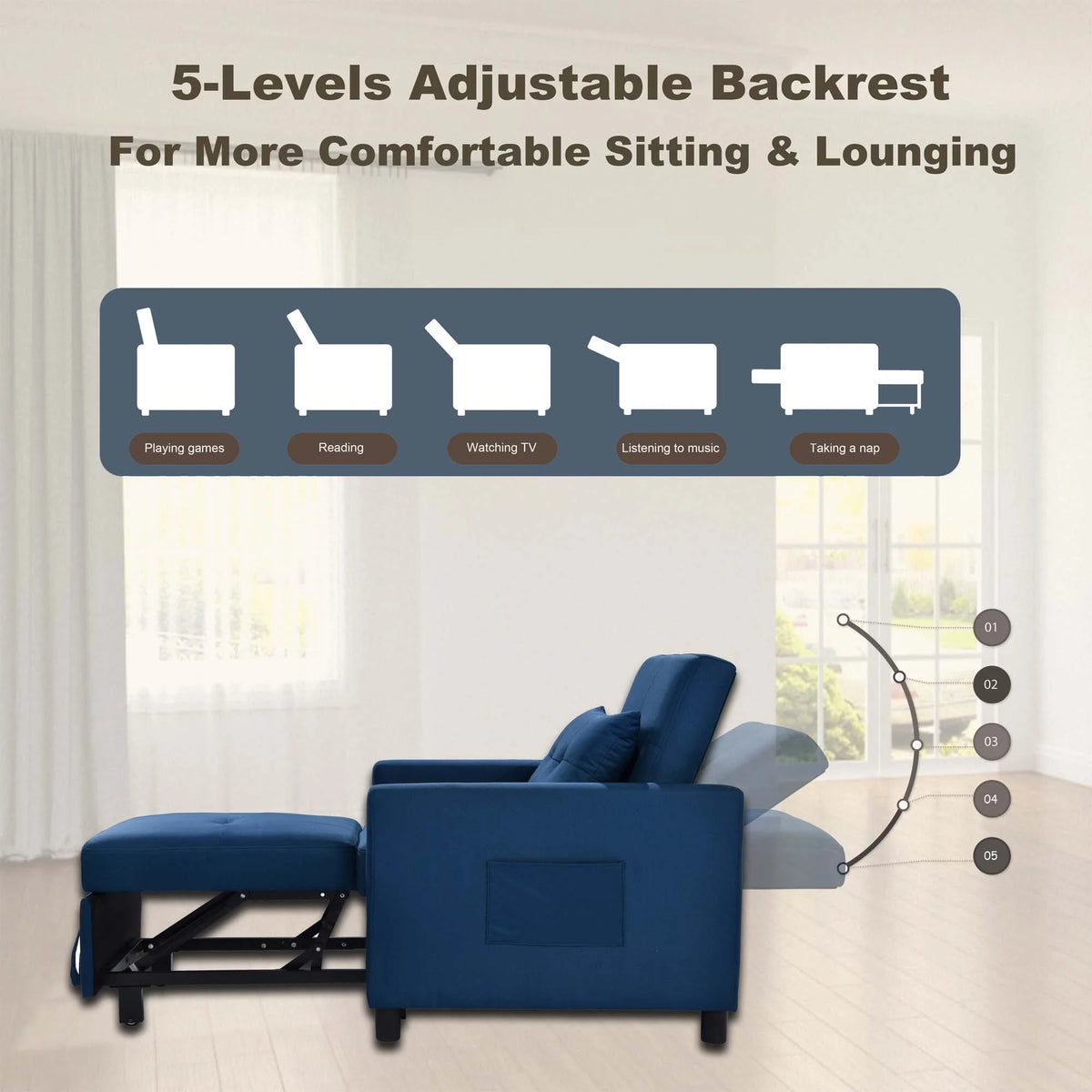 Blue Convertible Single Sofa Bed with Pull Out Sleeper P1246