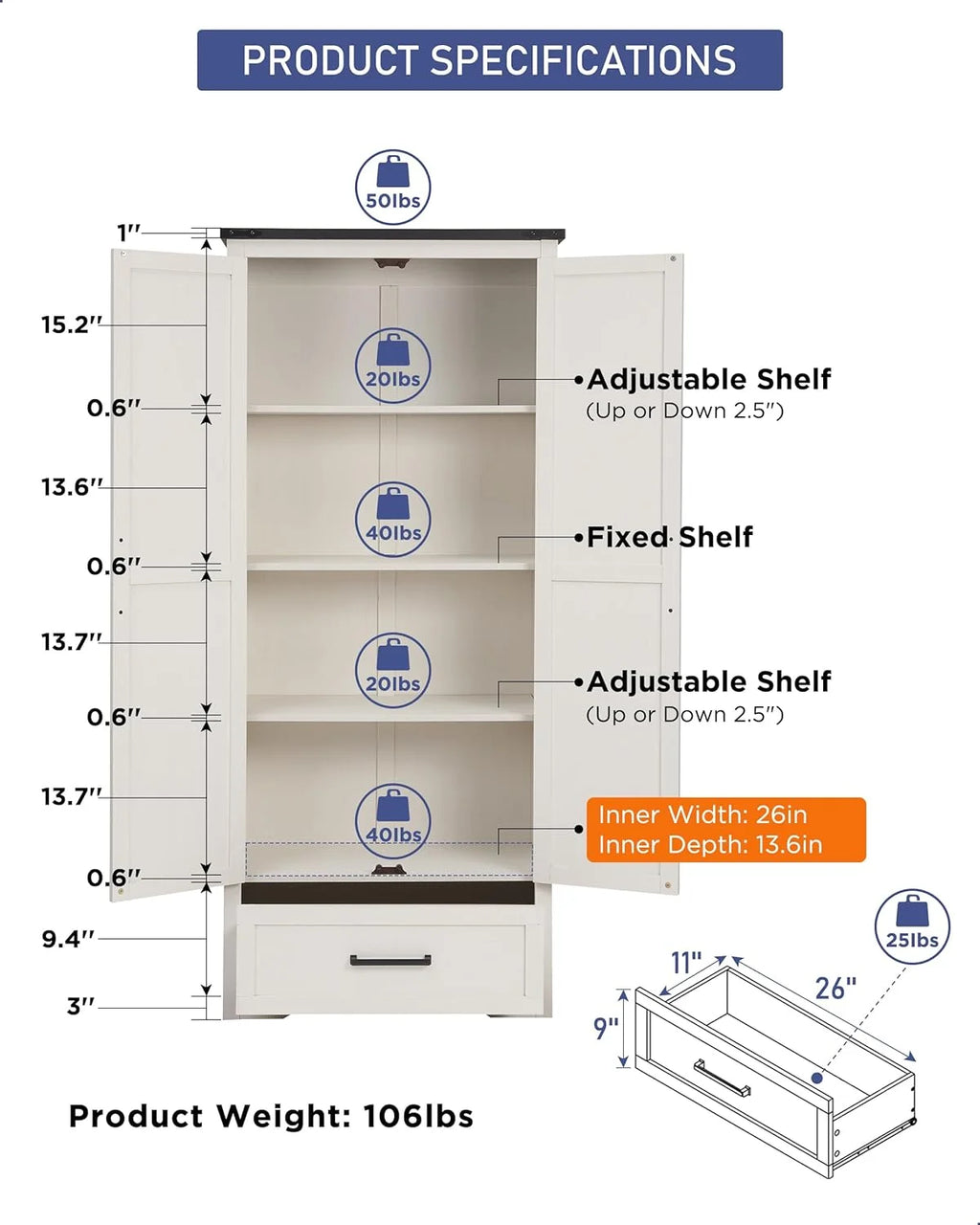 White 2-Door Storage Cabinet with Drawer W264