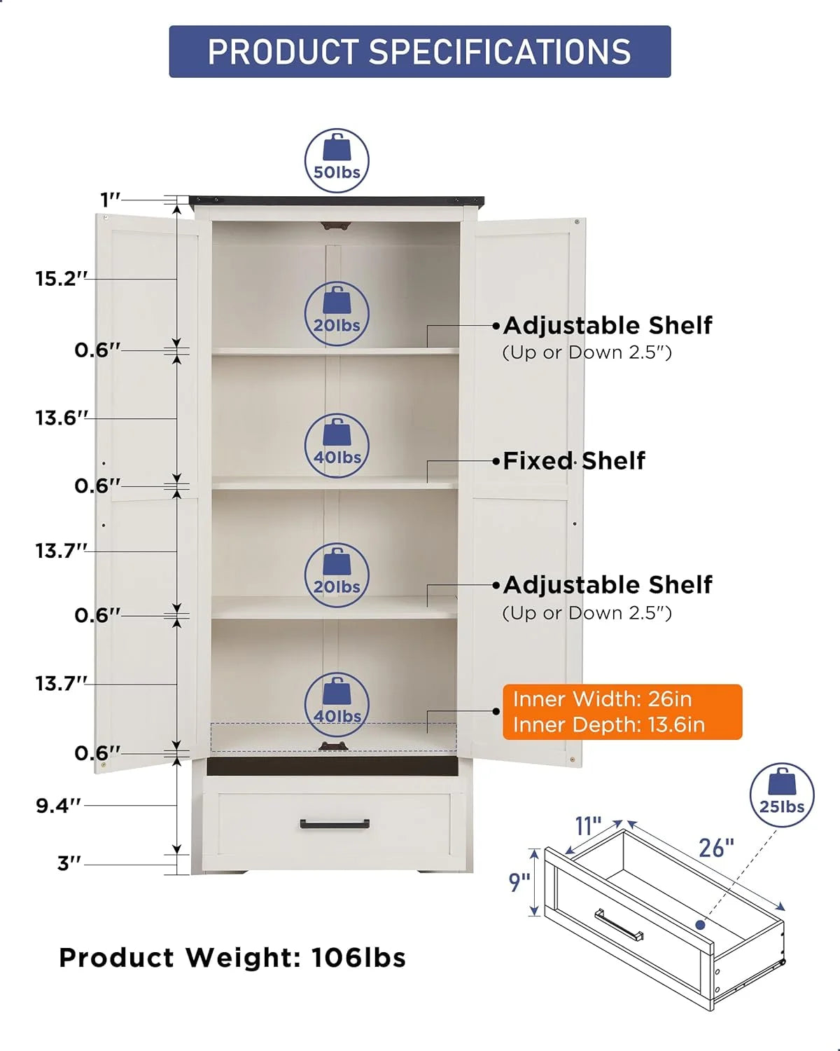 White 2-Door Storage Cabinet with Drawer W264