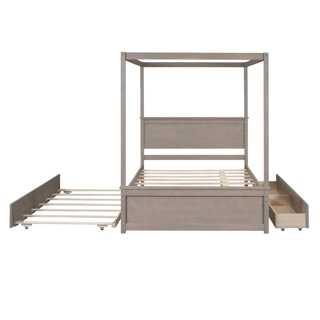 Full Size White Wood Canopy Platform Bed with Trundle Y9066