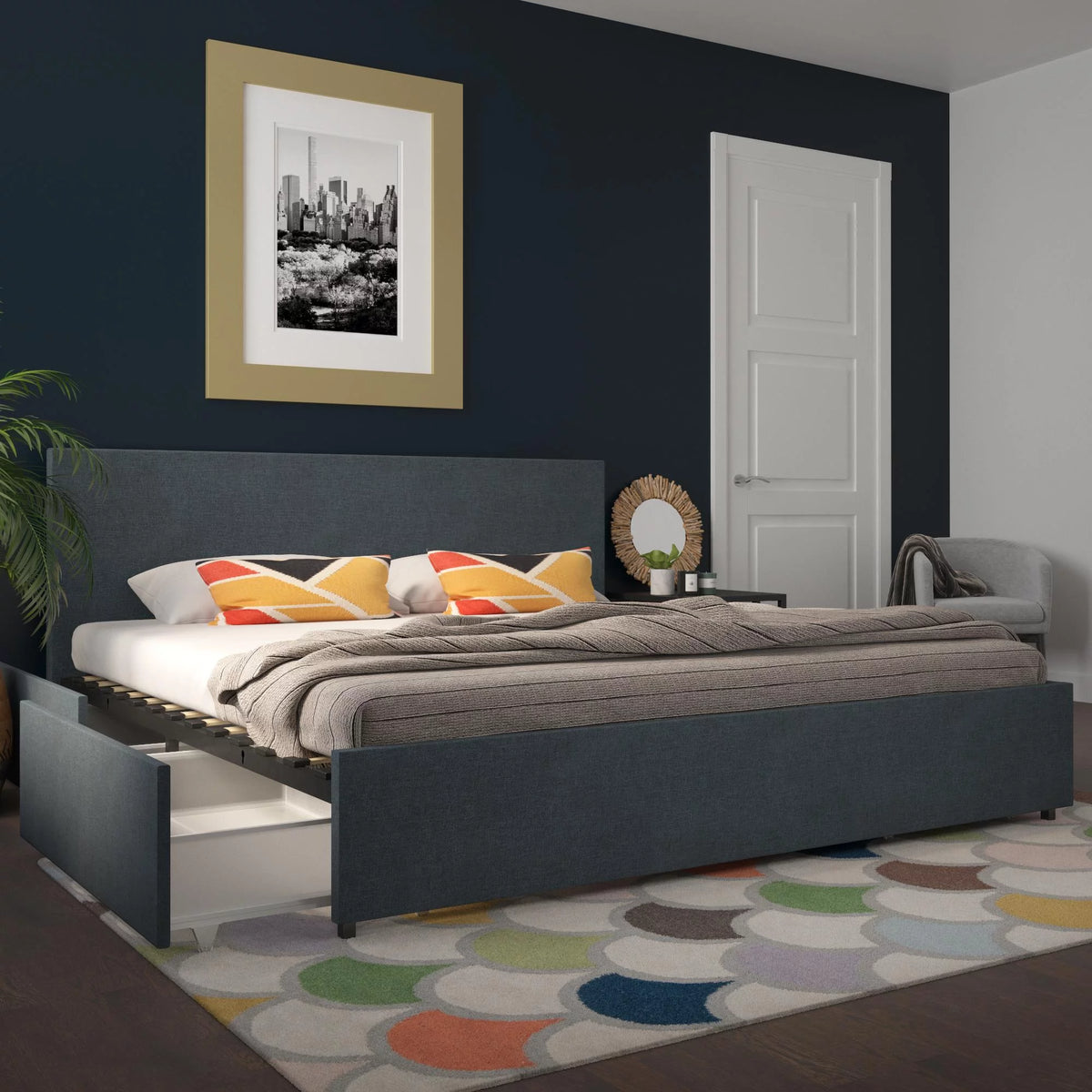 Dark Grey Linen Upholstered Storage Bed Frame H73850