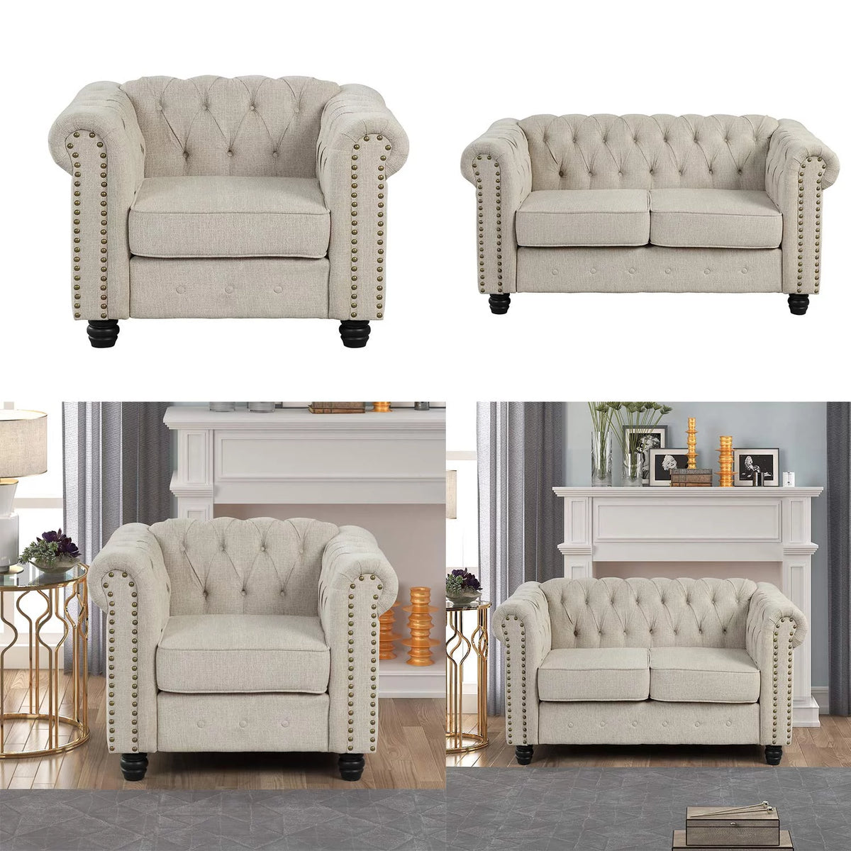 Beige 2 Pieces Button Tufted Fabric Sofa Set A449