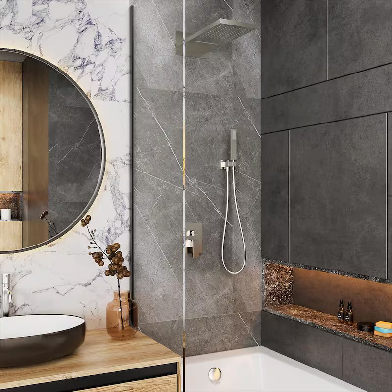 1-Handle 3-Spray Wall Mount Shower Faucet with 9 in. Rainfall Shower Head in Brushed Nickel B1046