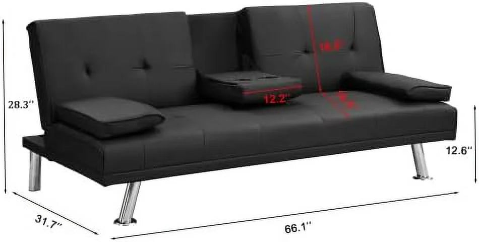 Convertible Folding Futon Sofa Bed with Metal Legs & 2 Cupholders G127958