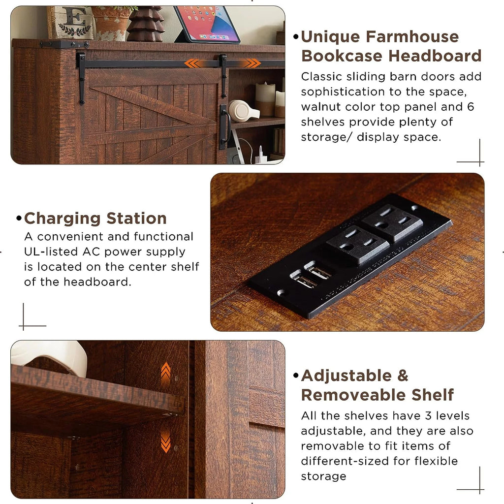 King Platform Bed Frame with Storage Headboard and Charging Station D5446