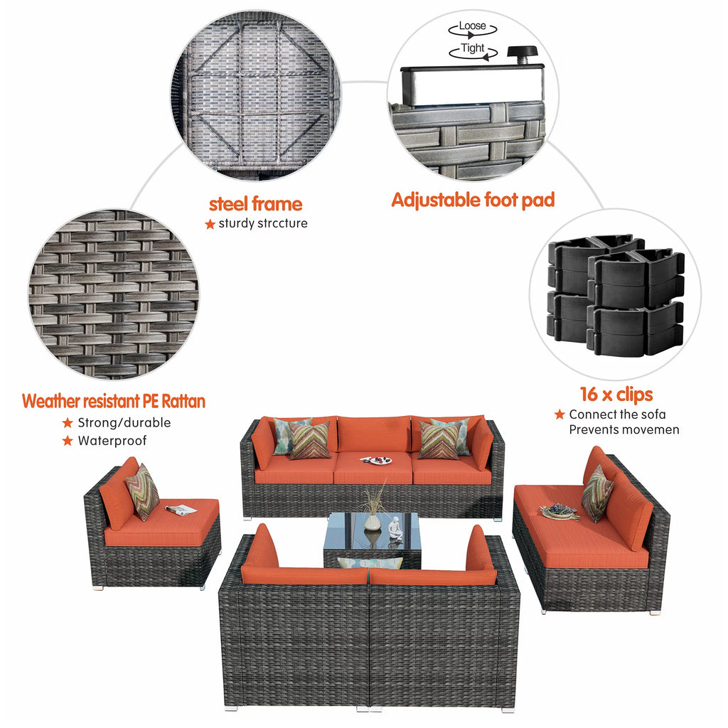 9 Piece All Weather Wicker Patio Sectional Sofa Set with Coffee Table F730873