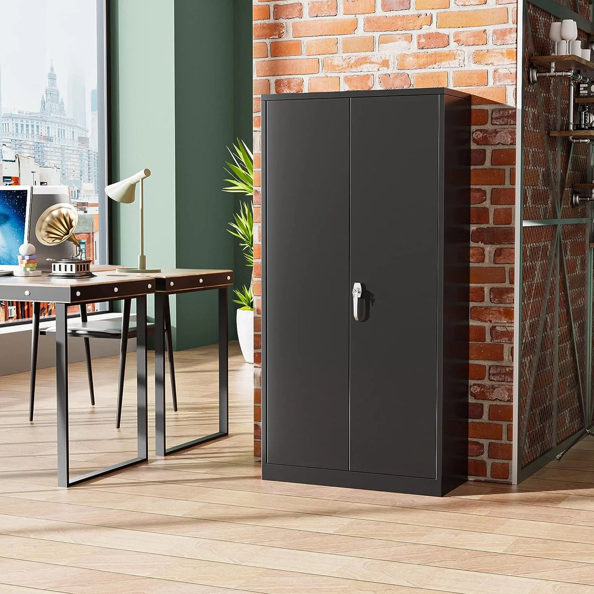71 In Black Metal Storage Cabinet with Locking Doors and Adjustable Shelves U47255