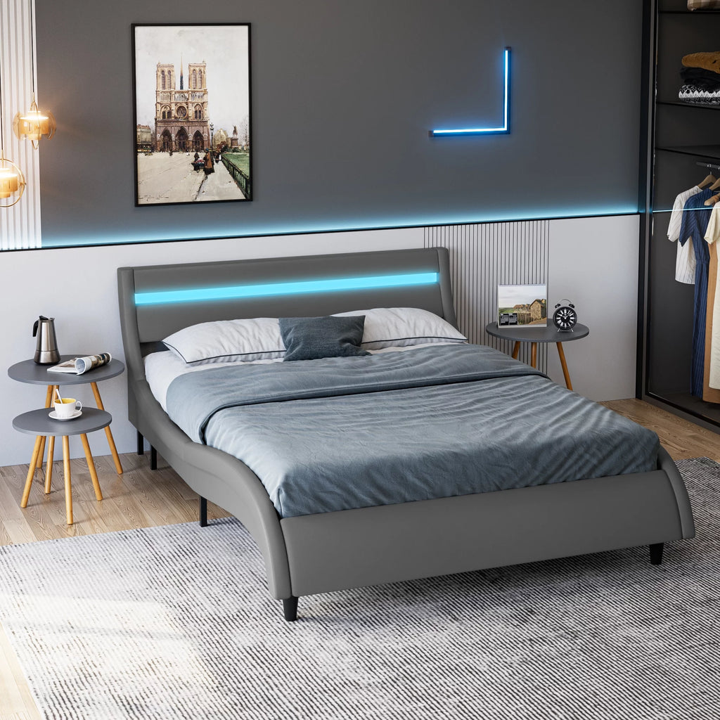 White Full Size Wooden Platform Bed Frame with Adjustable Upholstered Headboard X394