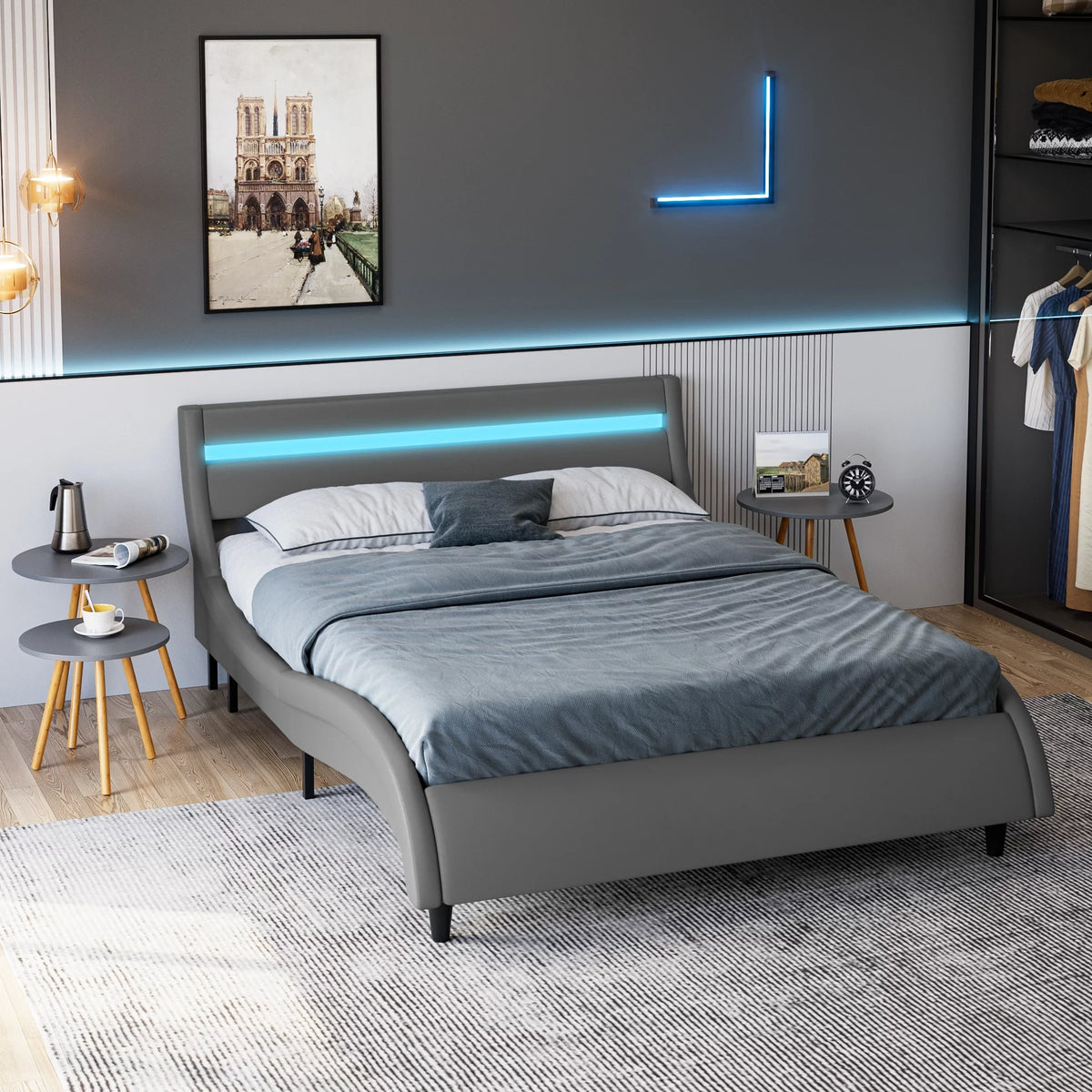 White Full Size Wooden Platform Bed Frame with Adjustable Upholstered Headboard X394
