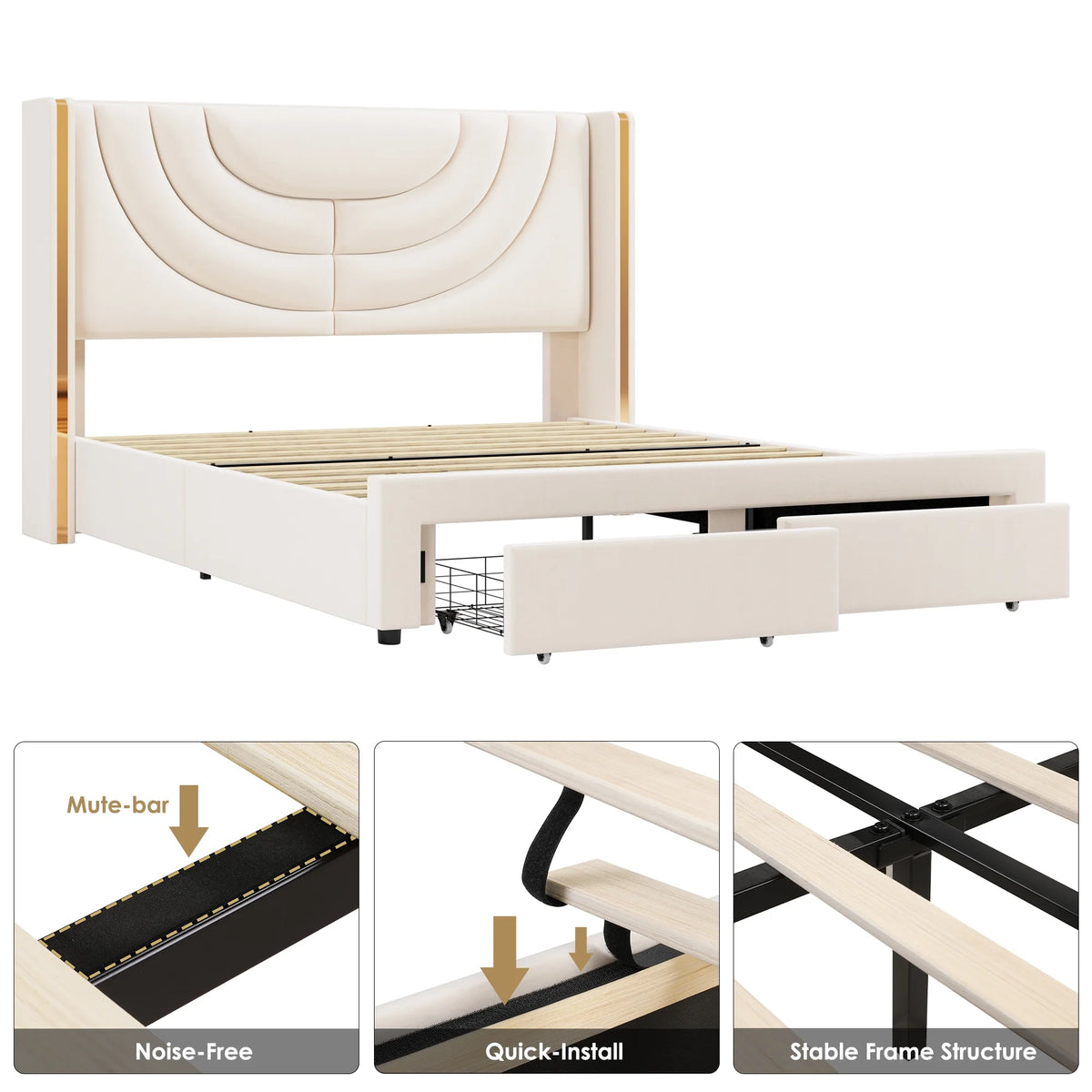 Full Size Velvet Upholstered Platform Bed Frame with 2 Drawers T4180