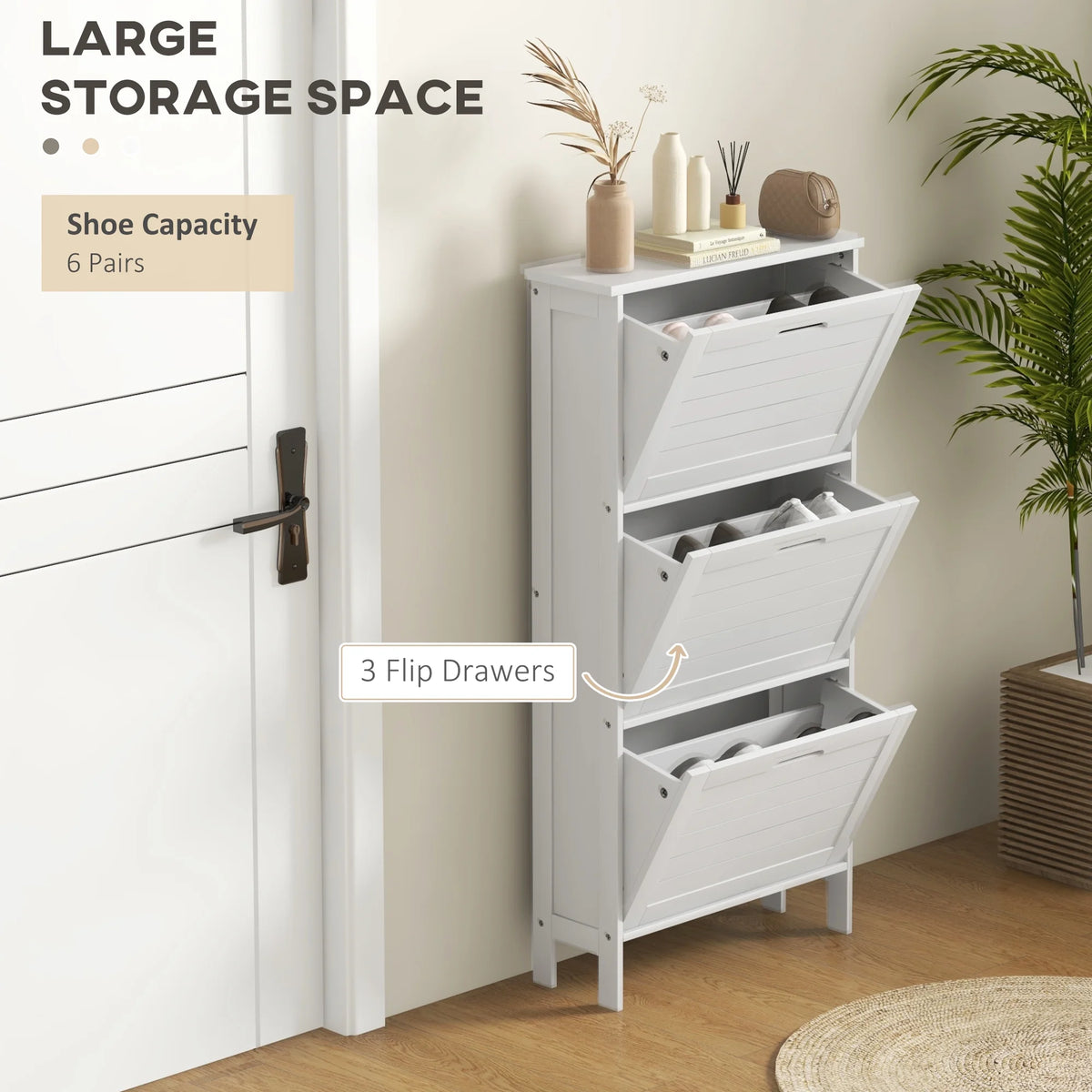 Narrow White Shoe Storage Cabinet with 3 Flip Drawers P223