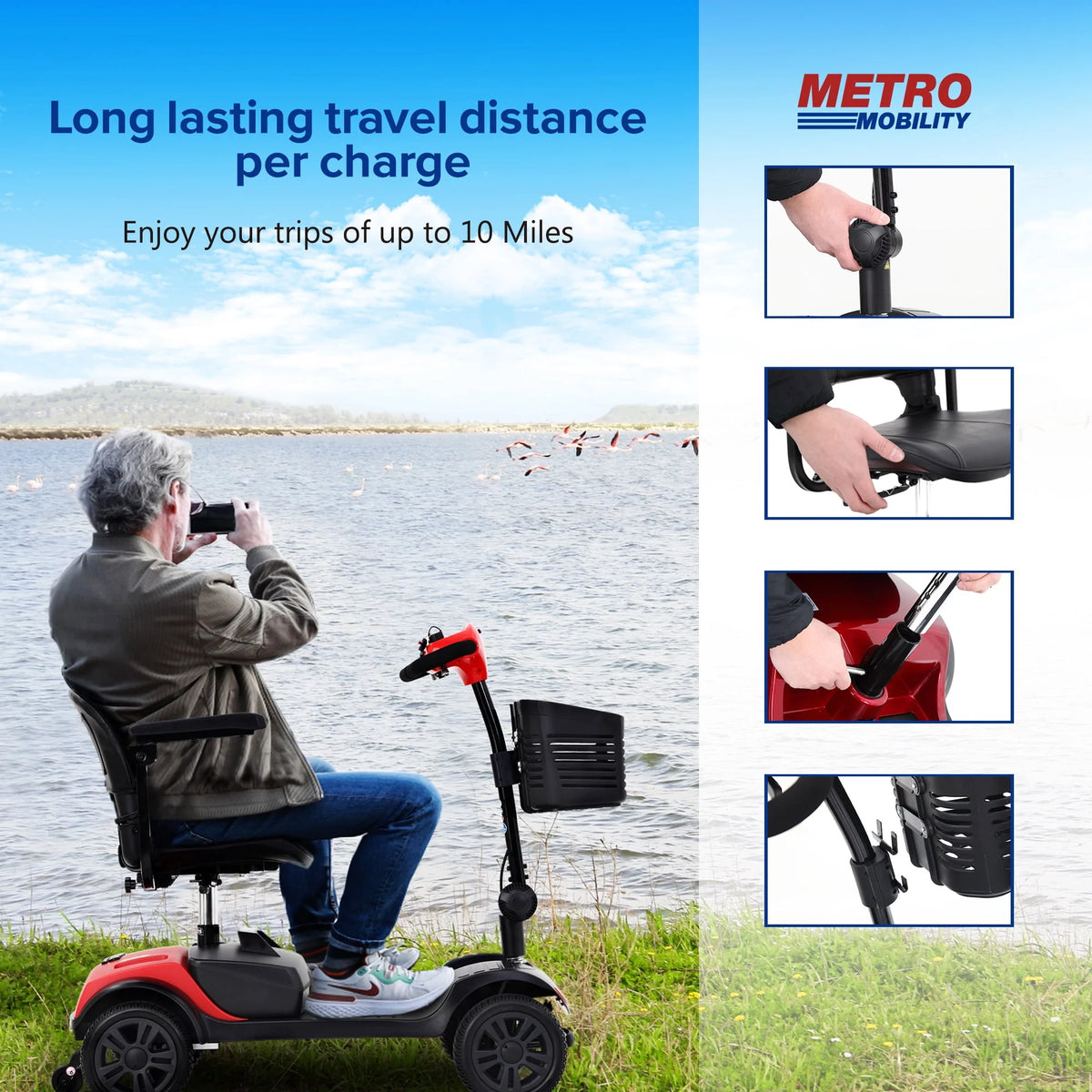 4 Wheel Heavy Duty Electric Scooter with Sliding Swivel Seat, 265lbs, Red A327